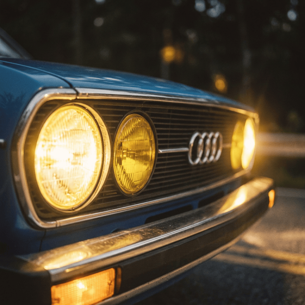 Blue Audi SUV driving at night on a winding forest road
